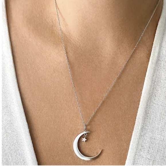 Adorina Jewelry - Hanging Moon & Star Silver Necklace